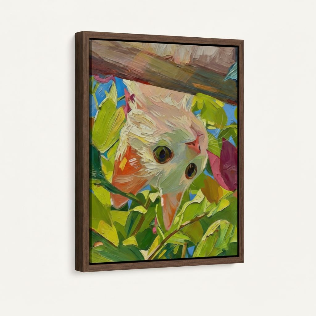 Cat in garden canvas in dark walnut float frame, angled three-quarter view showing frame depth on white background