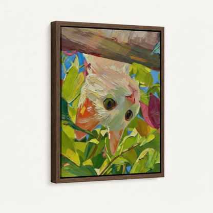 Cat in garden canvas in dark walnut float frame, angled three-quarter view showing frame depth on white background