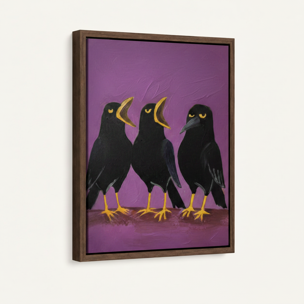 Dark walnut framed canvas of three black crows on violet background, impasto style, 3/4 angle view