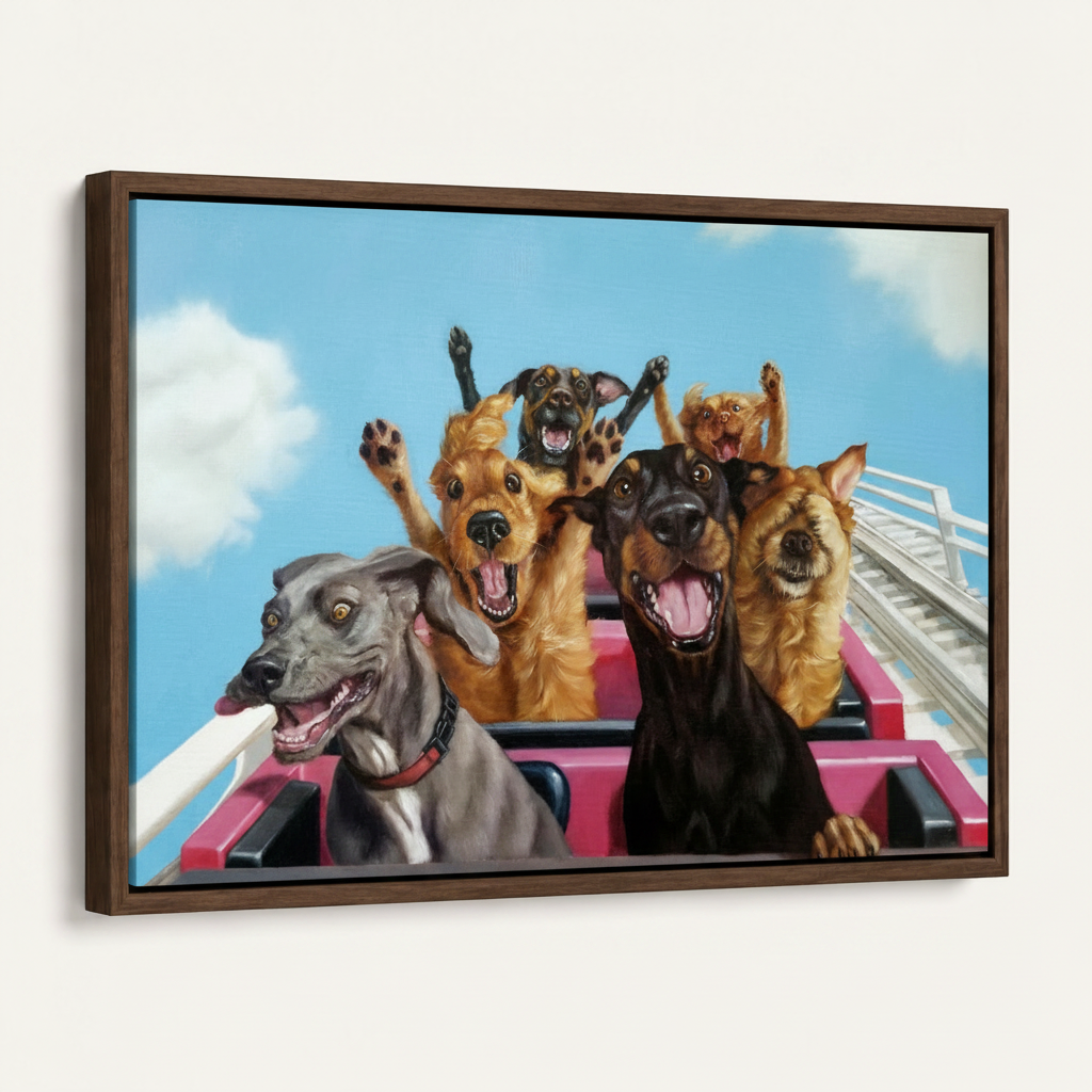 Framed dogs roller coaster canvas print with dark walnut float frame angled product view