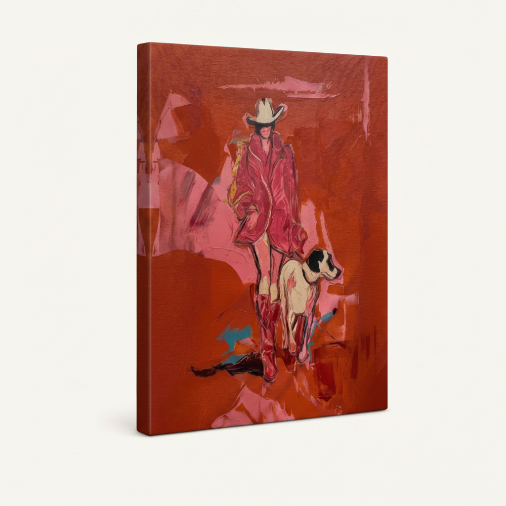 Gallery-wrapped western cowgirl canvas print shown in angled product view on white background
