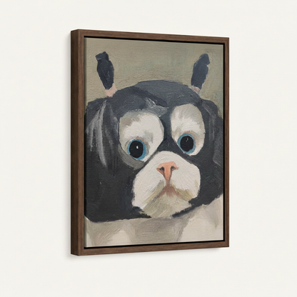 Framed dog portrait canvas with dark walnut float frame on white background side angle view
