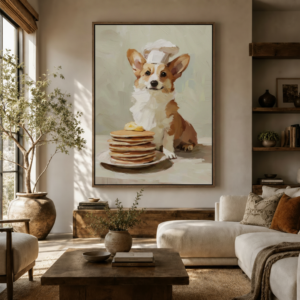 Funny corgi chef canvas wall art hanging in warm modern living room with olive tree and cream sofa