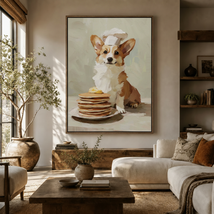 Funny corgi chef canvas wall art hanging in warm modern living room with olive tree and cream sofa