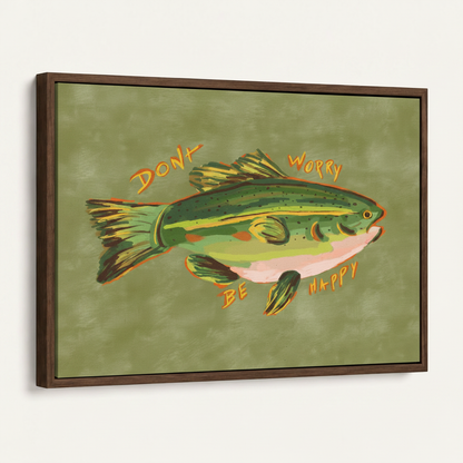 Folk art largemouth bass canvas print in dark walnut float frame angled product view