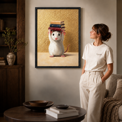 Black framed bookish mouse canvas art displayed in a softly lit contemporary living room