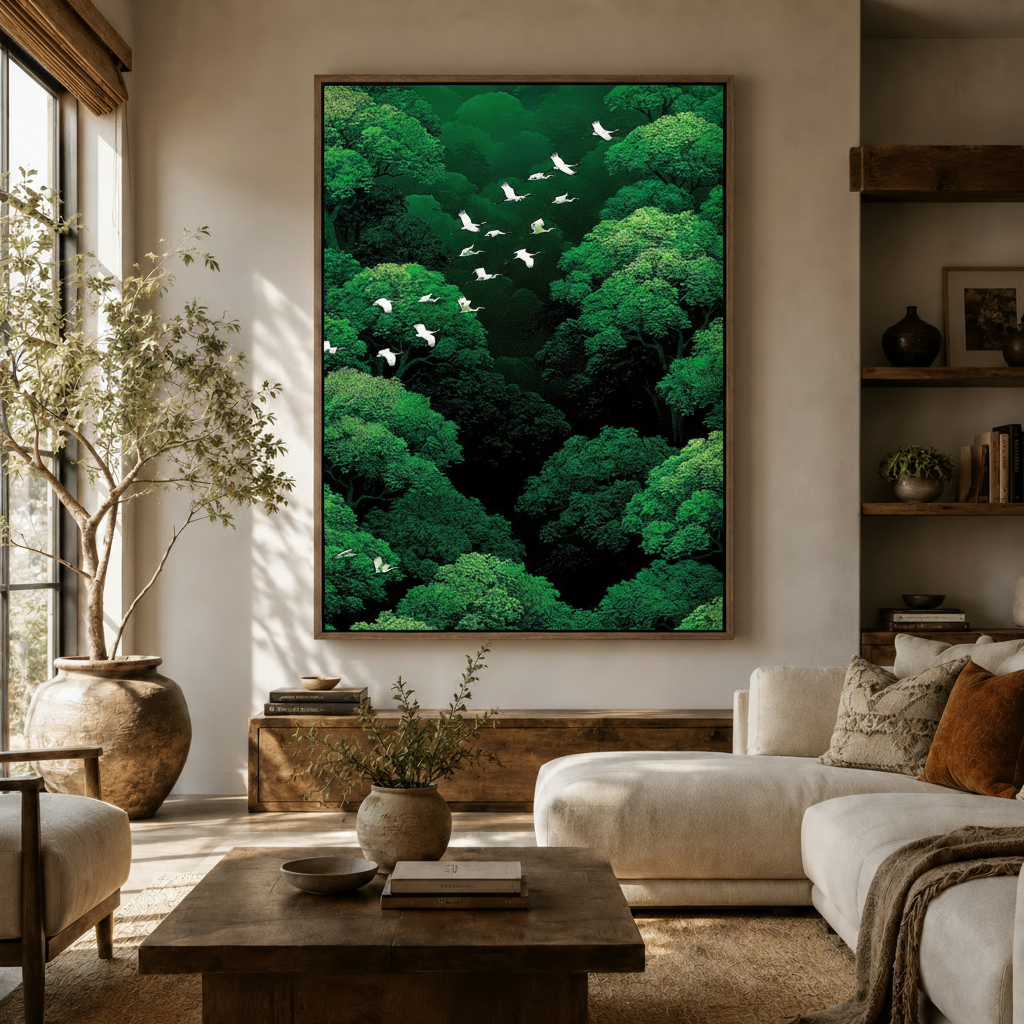 Large egrets over emerald forest Japanese canvas wall art hung above sideboard in modern living room