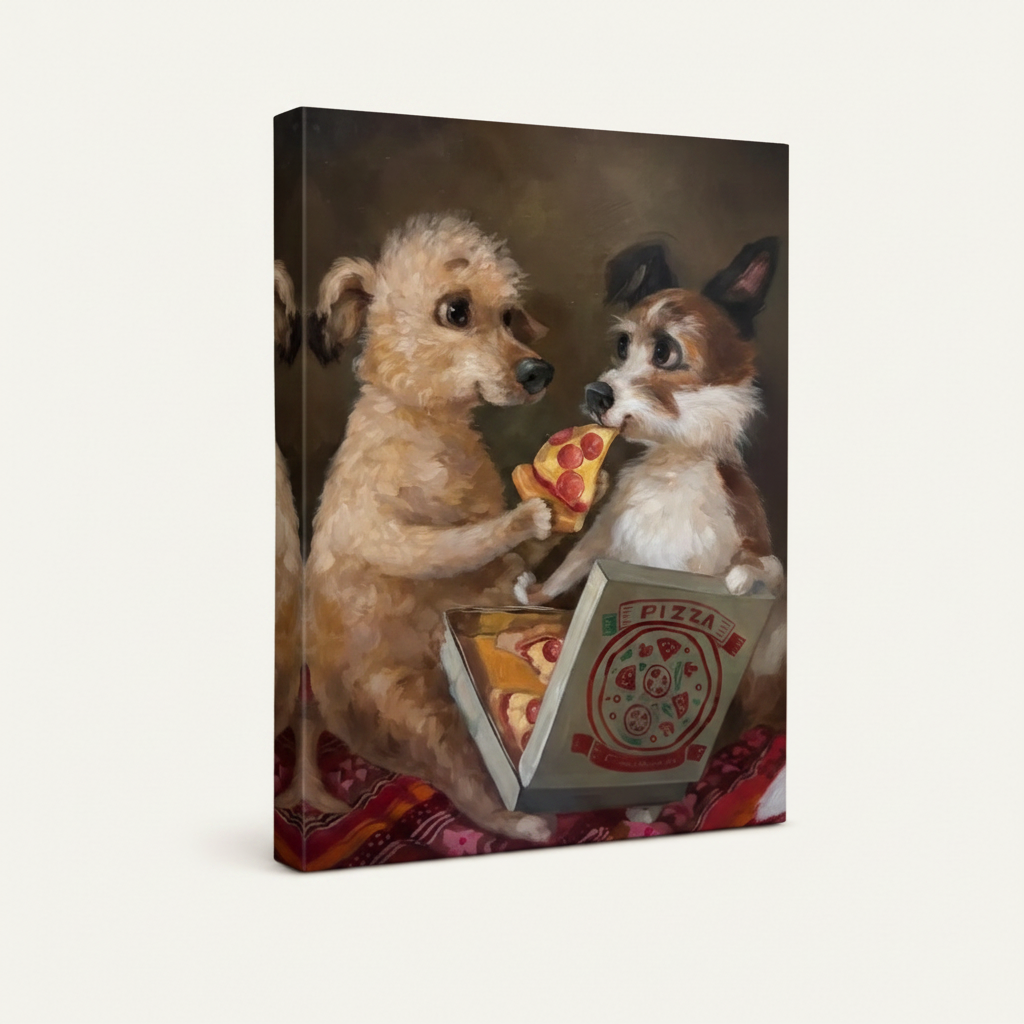  Funny animal pizza canvas print shown as gallery wrap with visible side depth on off-white background, 3/4 angle