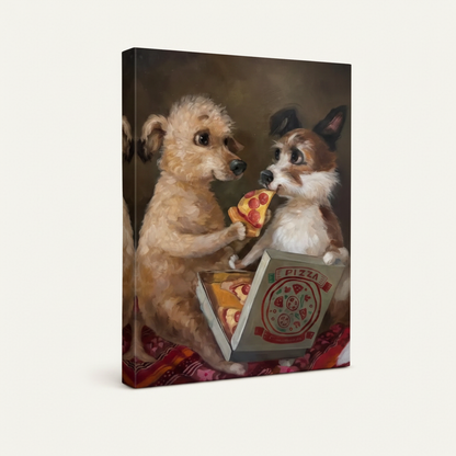  Funny animal pizza canvas print shown as gallery wrap with visible side depth on off-white background, 3/4 angle