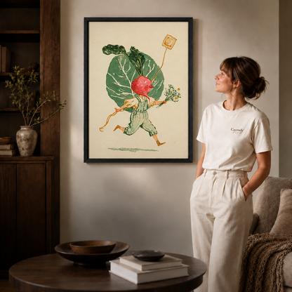 Black-framed running radish storybook artwork styled in a cozy neutral living room.