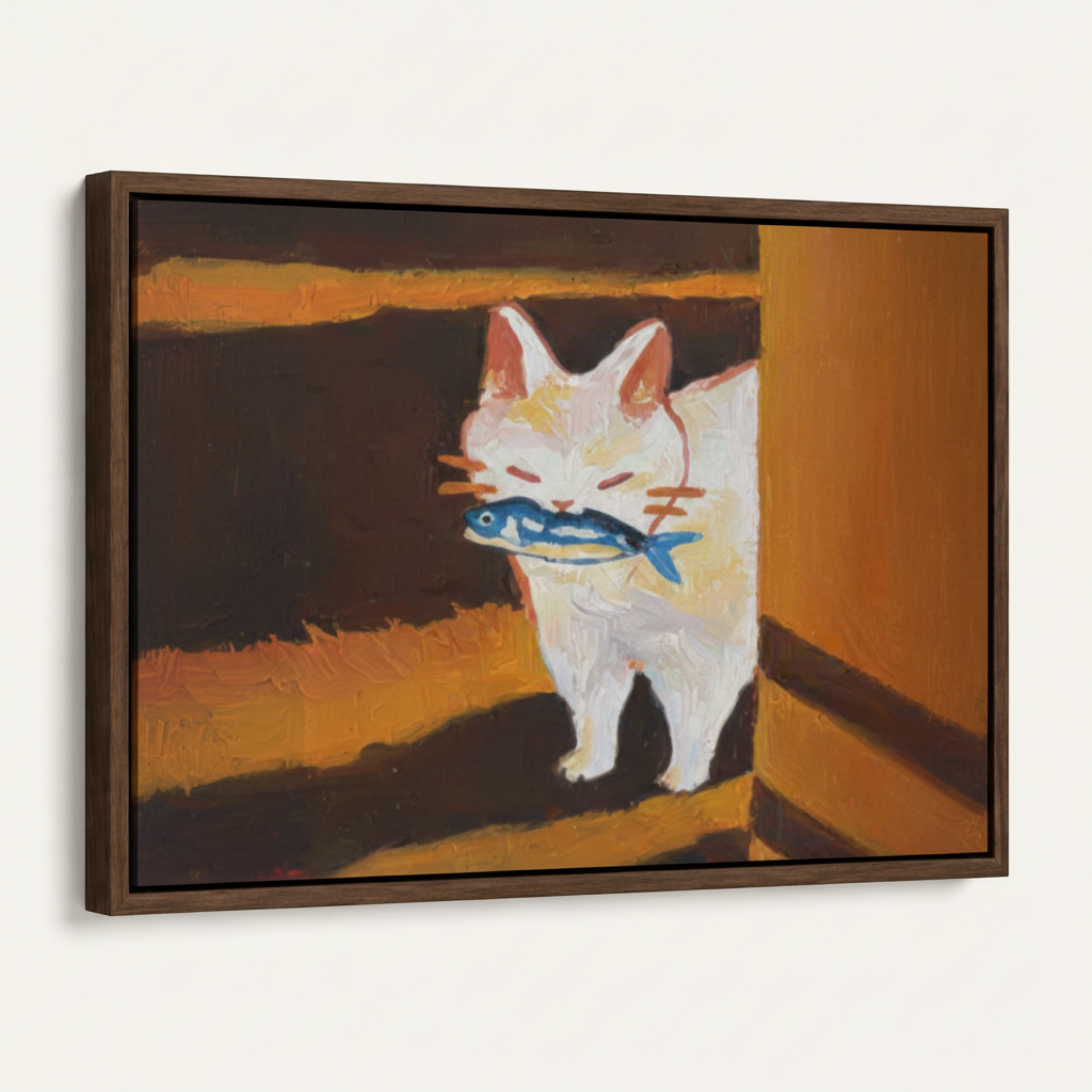 Close view of whimsical white cat holding a blue fish in its mouth