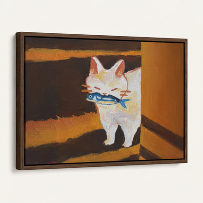 Close view of whimsical white cat holding a blue fish in its mouth