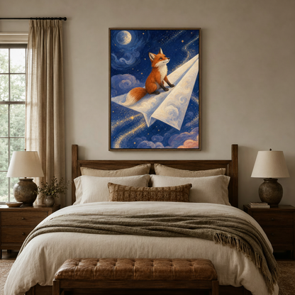 Whimsical fox starry night canvas wall art hanging above bed in cozy rustic bedroom interior