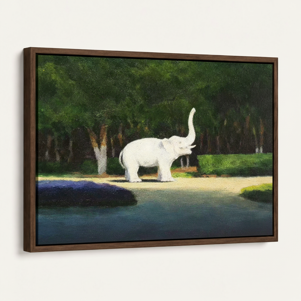 Dark walnut float-framed white elephant nature oil painting canvas, angled product view on white background