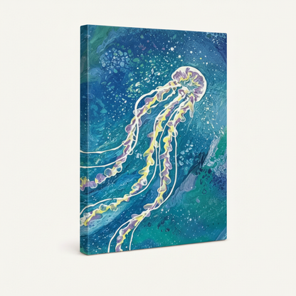 Gallery-wrapped jellyfish acrylic canvas print shown at angle on white background