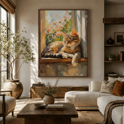 Warm impasto cat canvas in dark frame displayed in Japandi-style living room above console