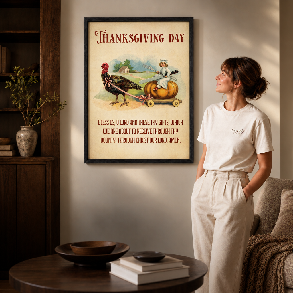 Black framed vintage turkey and pumpkin illustration with prayer text in a cozy fall living room