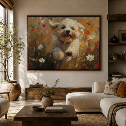 Large egret landscape canvas wall art in float frame above walnut console warm neutral living room