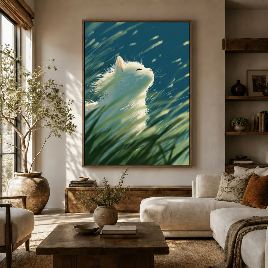 Peaceful white cat illustration canvas wall art hanging in warm modern living room with olive tree and sofa