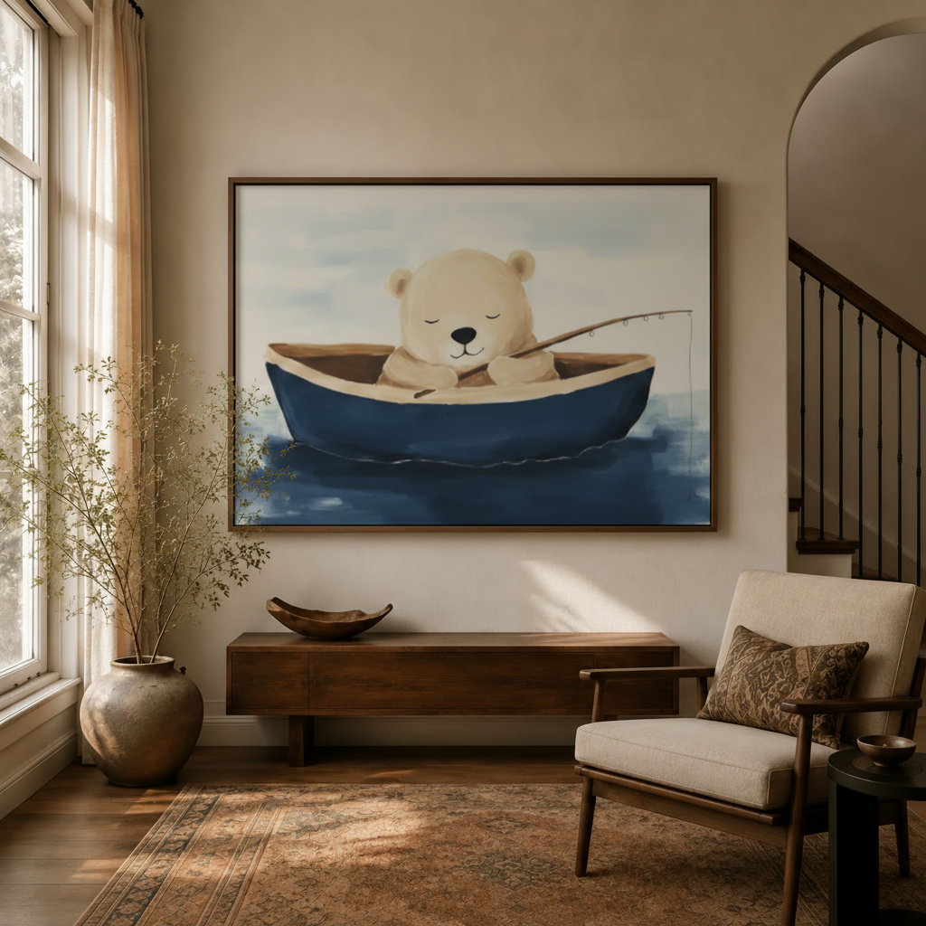 Soft illustrated bear fishing boat canvas art hanging in warm entryway beside staircase and linen armchair