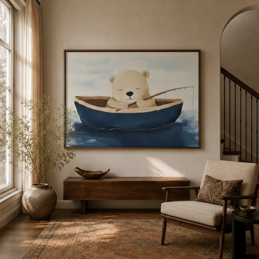 Soft illustrated bear fishing boat canvas art hanging in warm entryway beside staircase and linen armchair