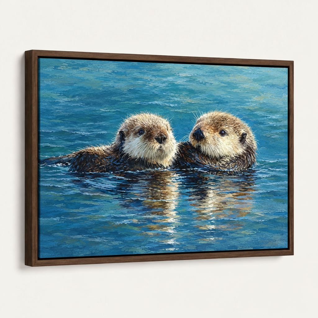 Framed canvas print of two sea otters floating on shimmering teal water with walnut float frame on white background