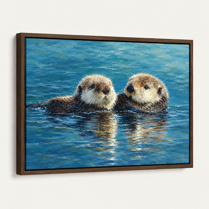 Framed canvas print of two sea otters floating on shimmering teal water with walnut float frame on white background