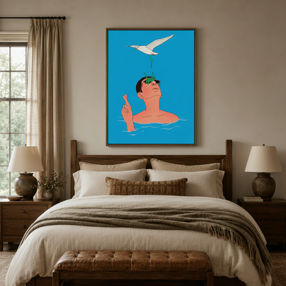  Bold blue funny illustration canvas print above bed in cozy bedroom setting
