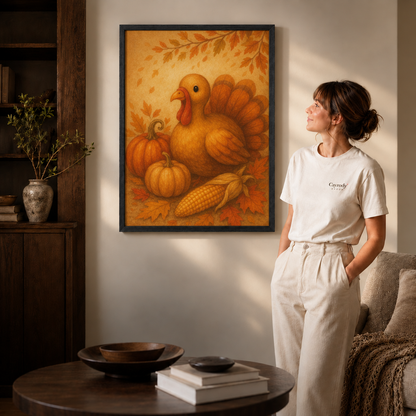 Black framed Thanksgiving turkey print in warm orange tones in a cozy living room with a woman