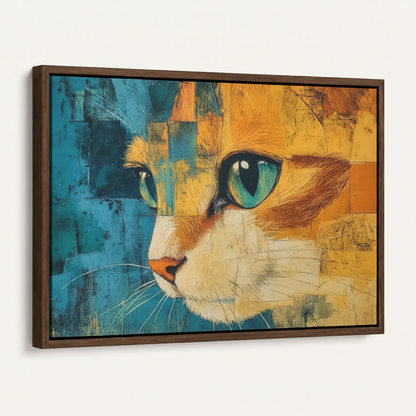 Framed cat canvas art in dark walnut floater frame, angled product view on white background