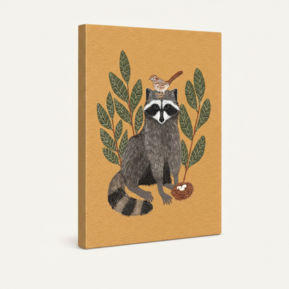 Gallery-wrapped raccoon folk art canvas at angle showing painted sides on cream background