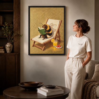 Black framed reading bee wall art in a warm modern living room