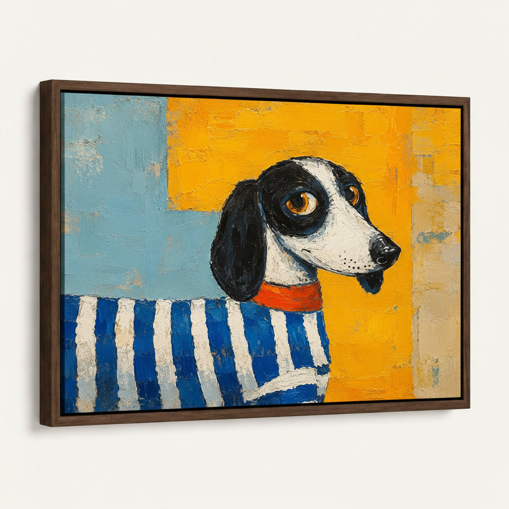 Angled view of pop art dachshund canvas print in a walnut floater frame