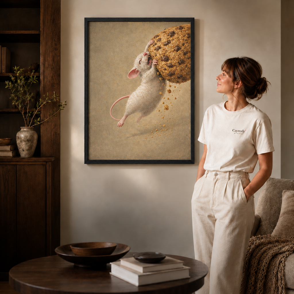 Whimsical white mouse and golden floral sphere displayed in a slim black frame beside a woman.