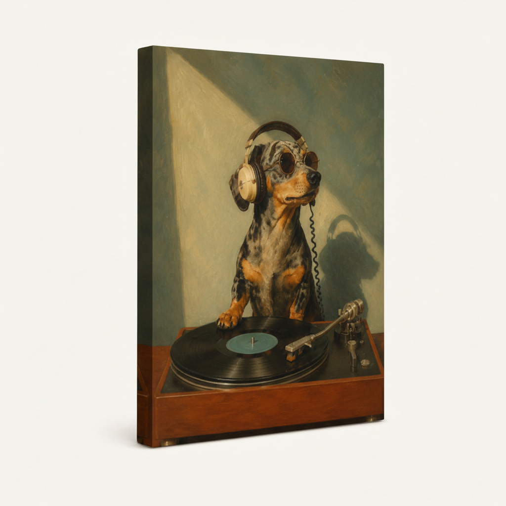 Gallery-wrapped dachshund vinyl record canvas print 3/4 angle view on white background