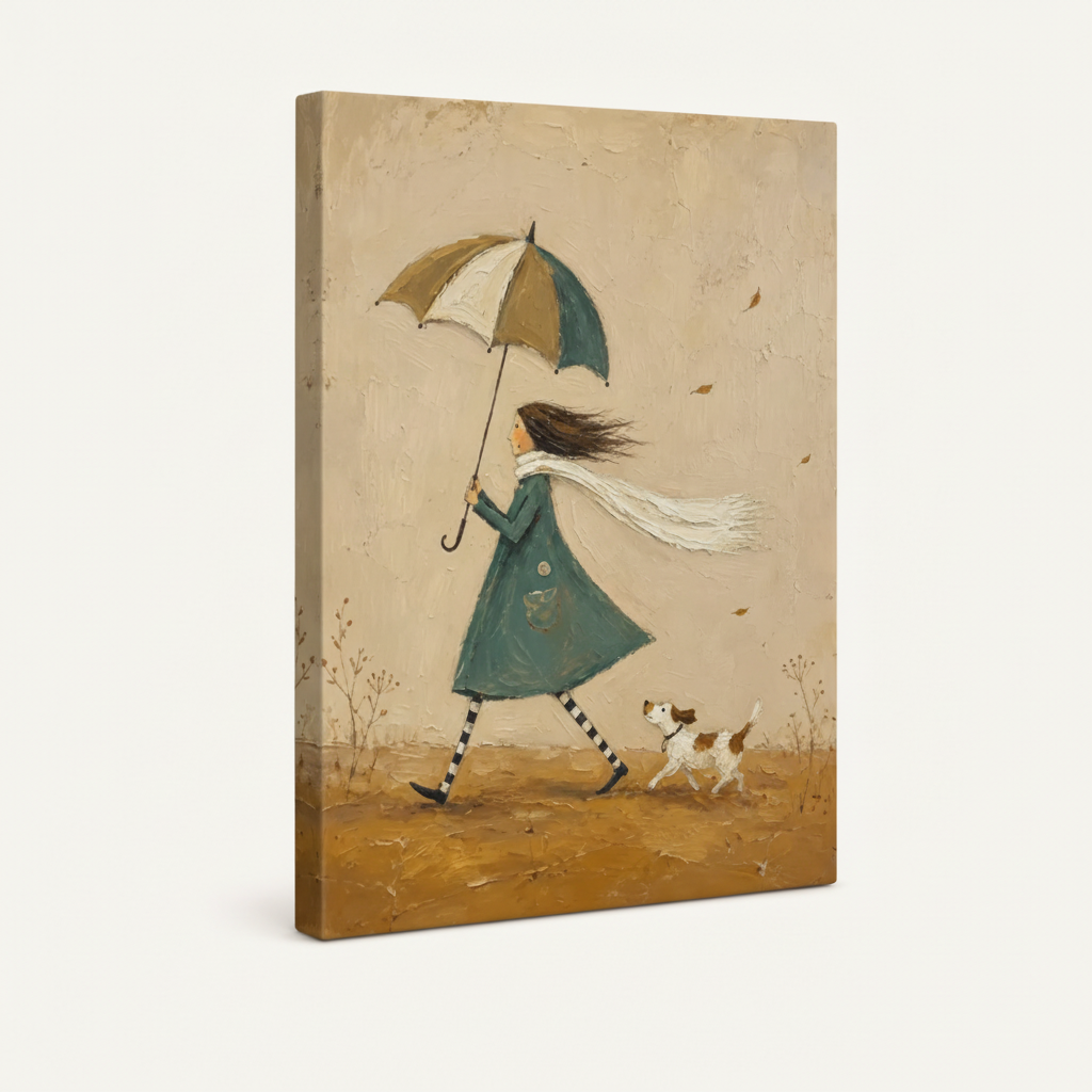 Gallery-wrapped whimsical folk art canvas at angle on cream background showing side depth