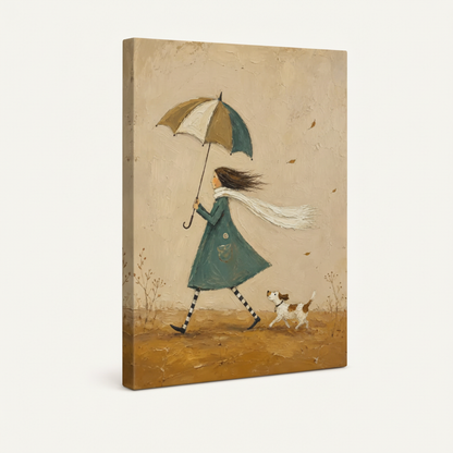 Gallery-wrapped whimsical folk art canvas at angle on cream background showing side depth