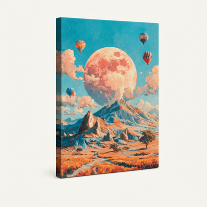 Gallery-wrapped Cappadocia balloon moon canvas print 3/4 angle view on white background
