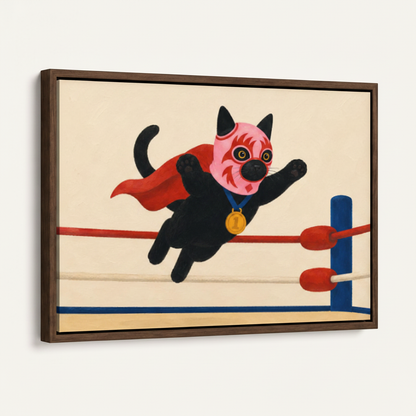 Framed canvas print of black cat in pink wrestling mask leaping over boxing ring ropes