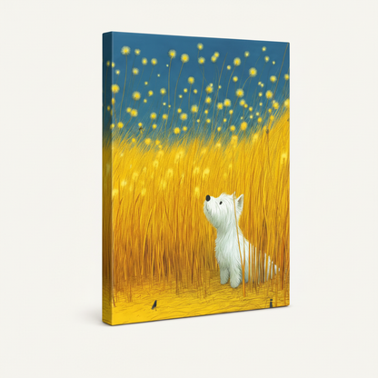 Gallery-wrapped canvas side view of whimsical Westie terrier in amber reed field with floating firefly lights