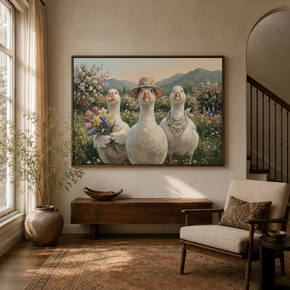 Three geese whimsical canvas art hanging in warm entryway beside staircase and linen armchair