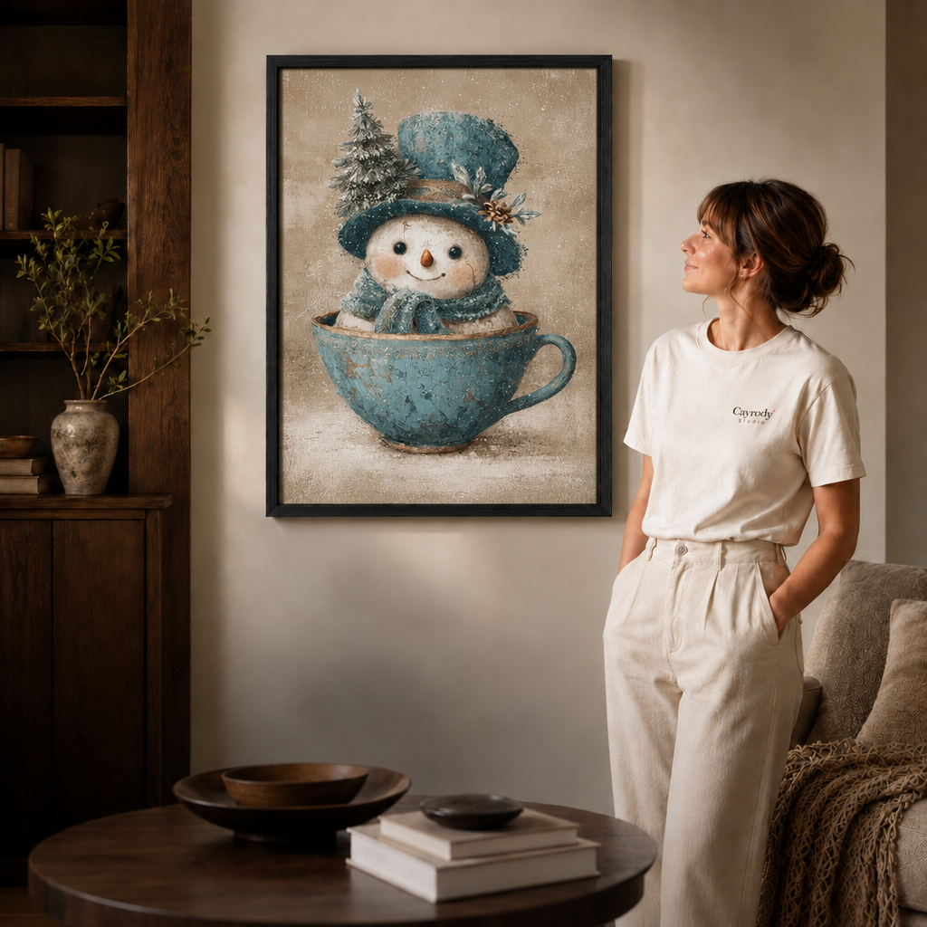 Snowman teacup artwork in a slim black frame beside a woman in a cozy room.