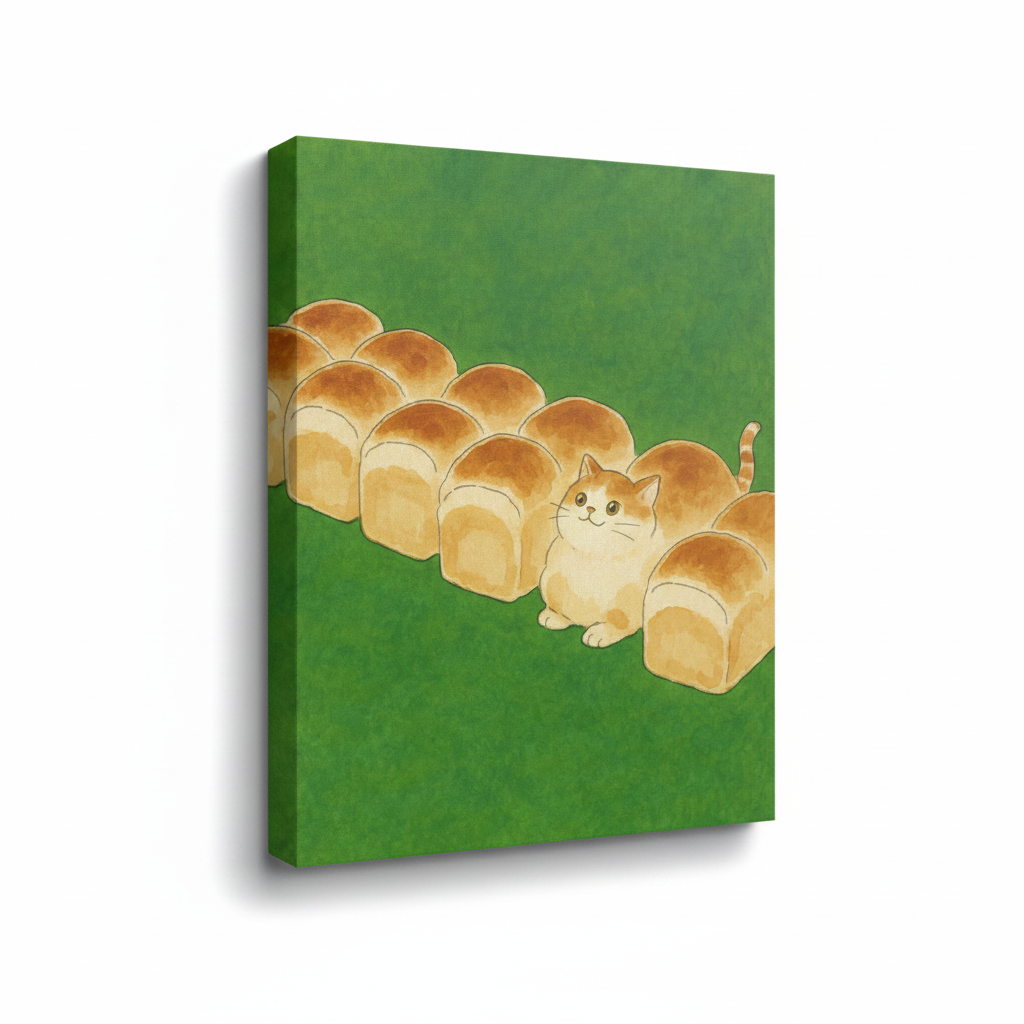 Gallery-wrapped canvas showing orange cat nestled among golden bread loaves on green background