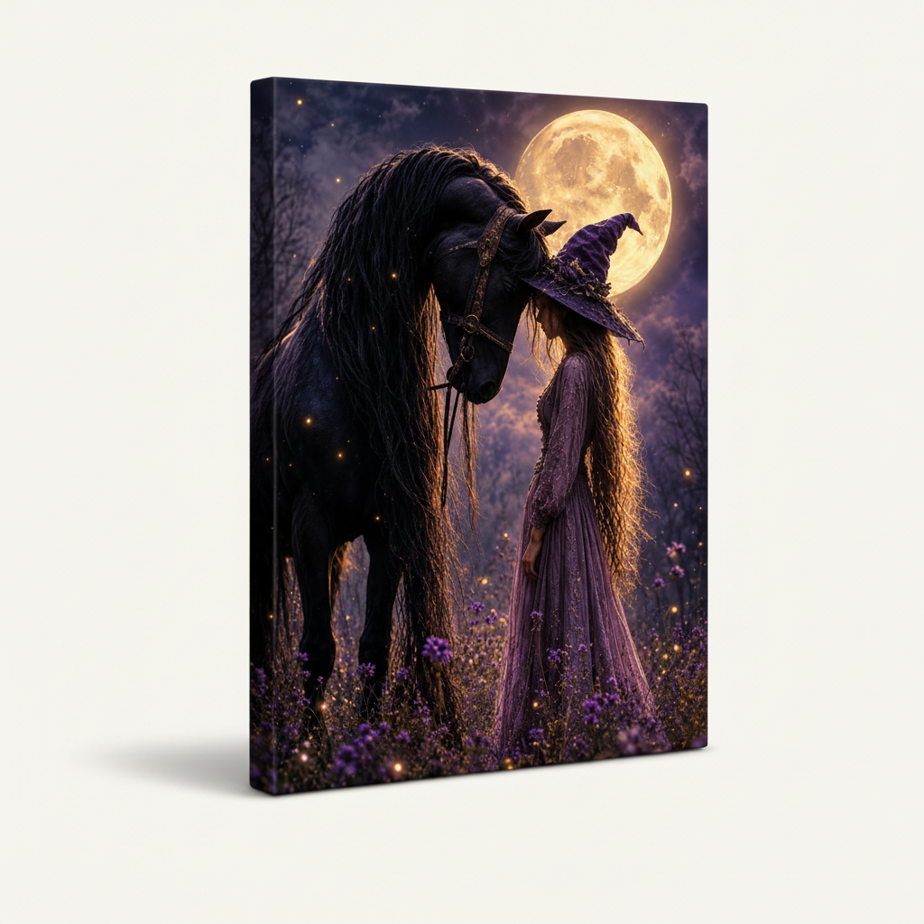 Fantasy witch and black horse full moon gallery wrapped canvas print, left angle view on white background