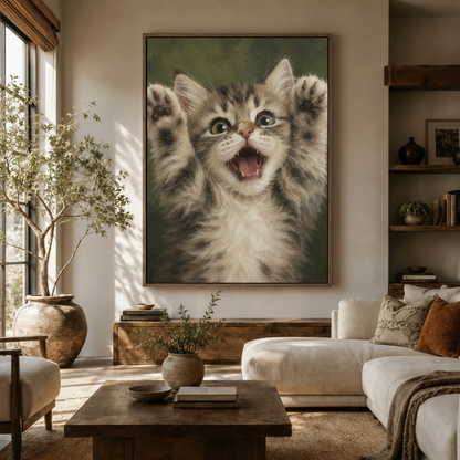 Classic realistic cat canvas print hanging in Japandi style living room