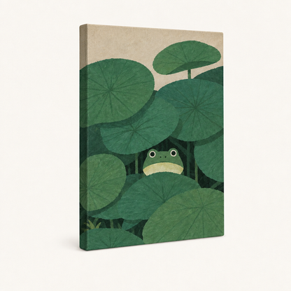 Gallery-wrapped frog lotus leaf minimalist canvas with wrap edges visible on white background
