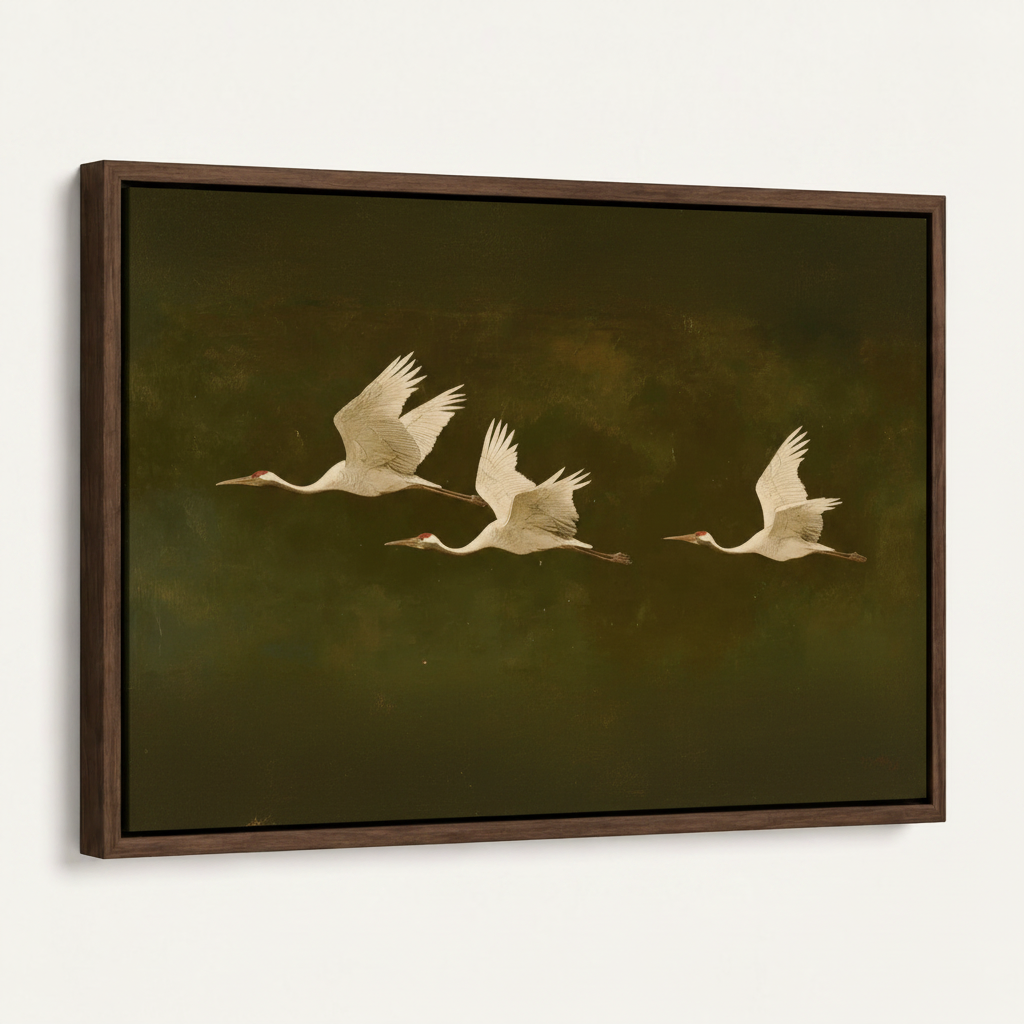 Flying cranes framed canvas wall art product mockup on white background angled float frame view