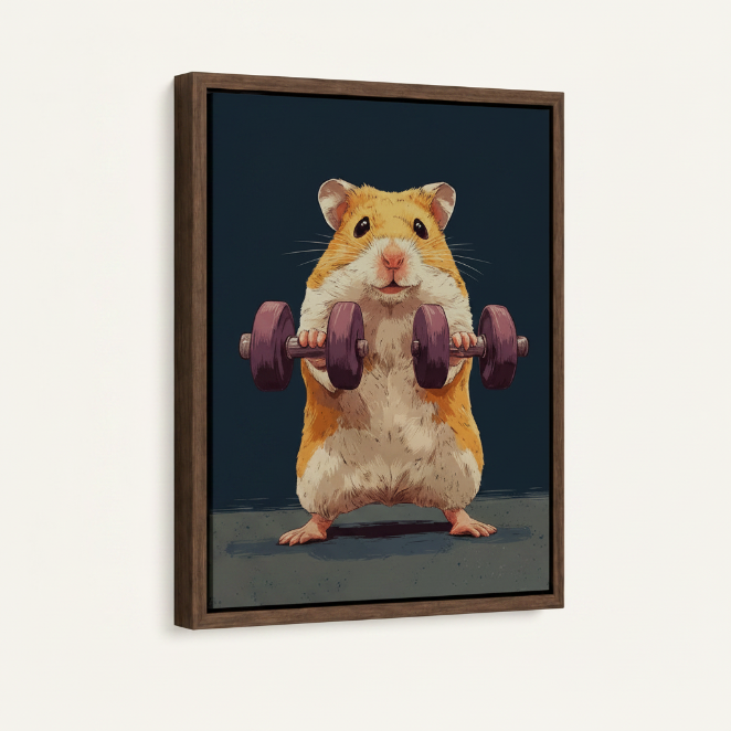 Funny animal gym art in dark walnut float frame, angled product view on off-white background
