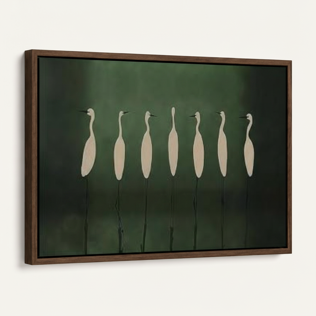 Dark walnut floater frame egret canvas art, 45-degree side view product shot on white background