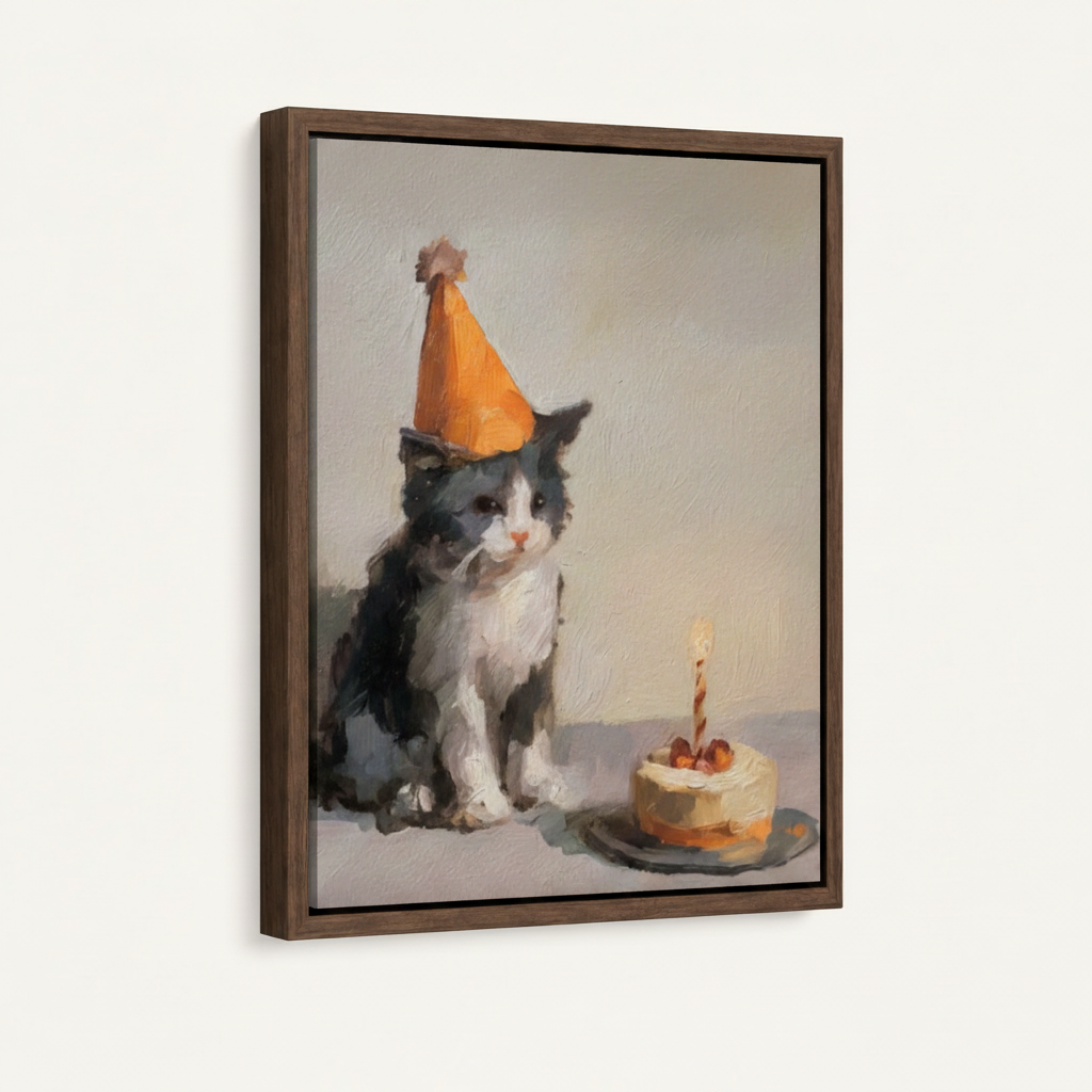 Dark walnut floater frame canvas closeup showing birthday kitten artwork depth and texture detail